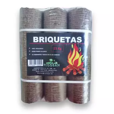 ELIMINAR Fabricación y venta de viruta de madera para caballos y serrín en Madrid - Viruta Ricosan - Página briquetas - Paquete de briquetas de 15 kg